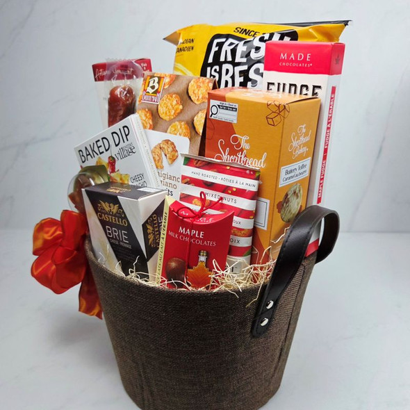 Gourmet Thanksgiving gift basket with Brie cheese, maple fudge, chocolates and savoury treats Toronto