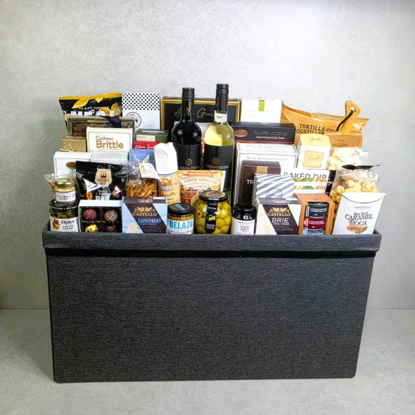 Executive Royale choose your own wine gift basket with Masi red and white wines, gourmet cheeses, chocolates and storage ottoman.