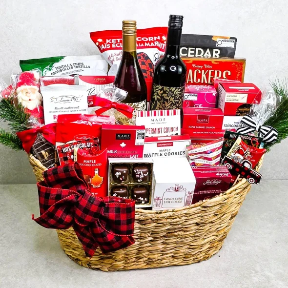 Canadian Christmas wine basket with Trius Reserve Chardonnay, Merlot, maple treats and gourmet chocolates.