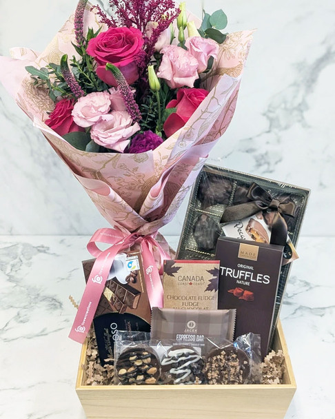 Pink rose bouquet and gourmet chocolate gift box