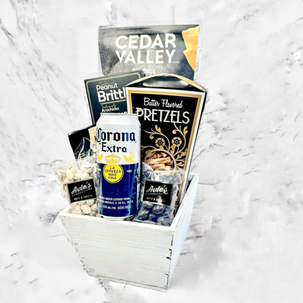Super Bowl or men’s birthday snack and beer gift basket with premium treats
