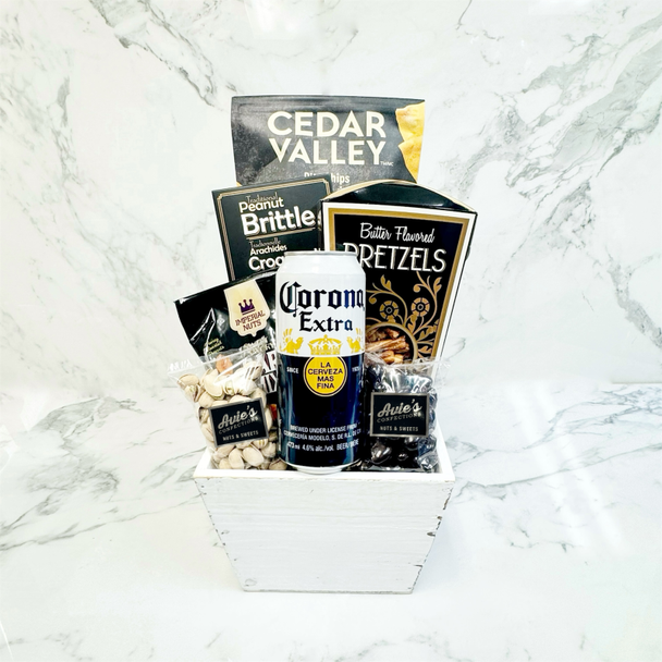 Snacks & Beer Basket with gourmet snack mix, pretzels, pita chips, sweets, and Corona beer