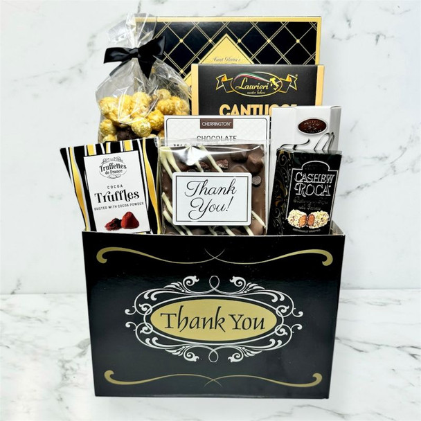 Appreciation gift basket featuring premium chocolate treats, roca bites, waffle cookies, and sweet snacks