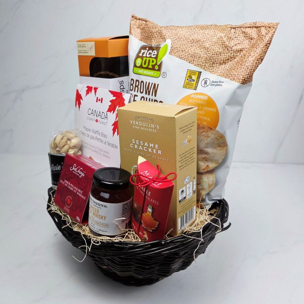 Fall gift basket featuring maple waffle cookies, ice wine chocolates, gourmet crackers and snacks Toronto