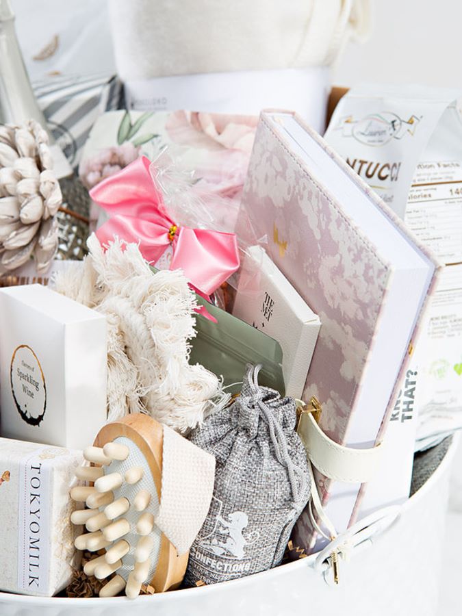 spa baskets with wine