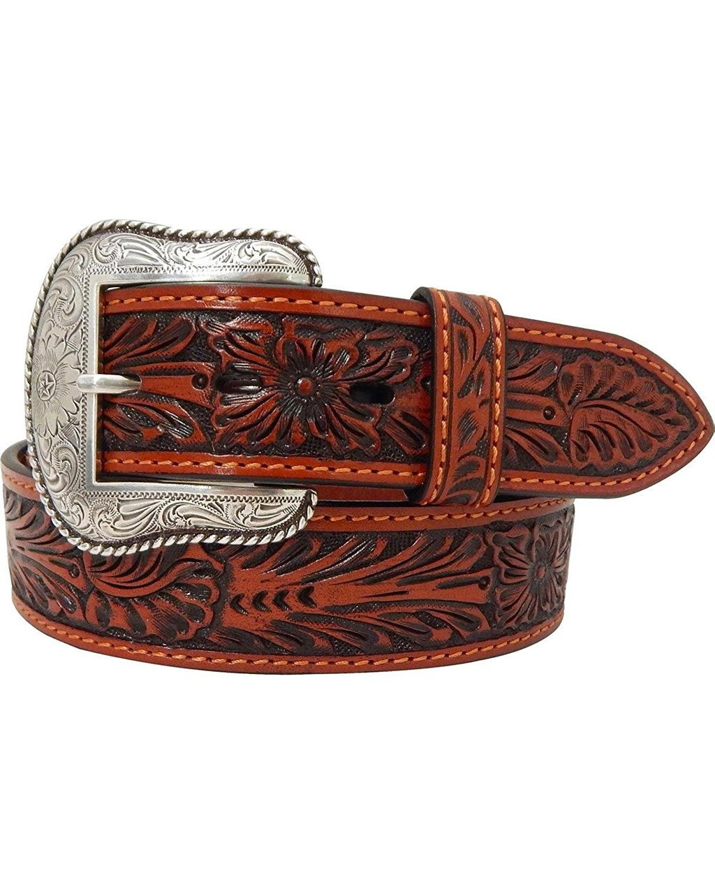 ROPER MENS TAN HAND TOOLED FLORAL DESIGN BELT WITH SILVER BUCKLE TAN -  8596500