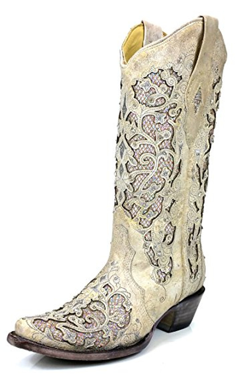 corral women's white glitter inlay western boots