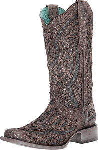 Corral Brown Grey Inlay Embroidery and Studs Square Toe Boots - E1512 Corral Brown Grey Inlay Embroidery and Studs Square Toe Boots - E1512