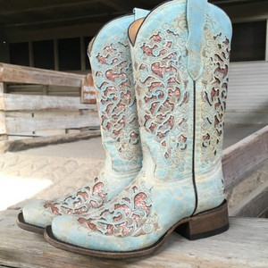 Corral Teen Boot Aqua Glitter Inlay Boot Square - T0041 Corral Teen Boot Aqua Glitter Inlay Boot Square - T0041