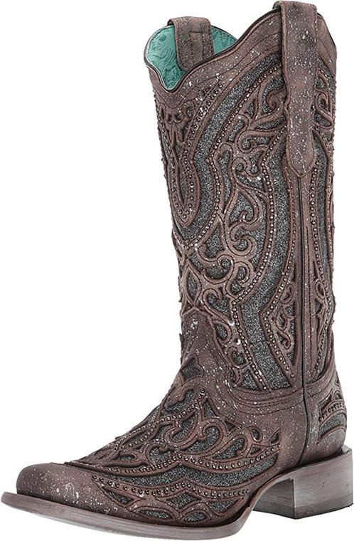 Corral Brown Grey Inlay Embroidery and Studs Square Toe Boots - E1512