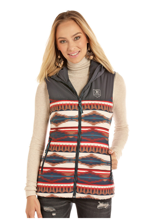 Rock & Roll Cowgirl Quilted Navy Aztec Vest - 58-2736