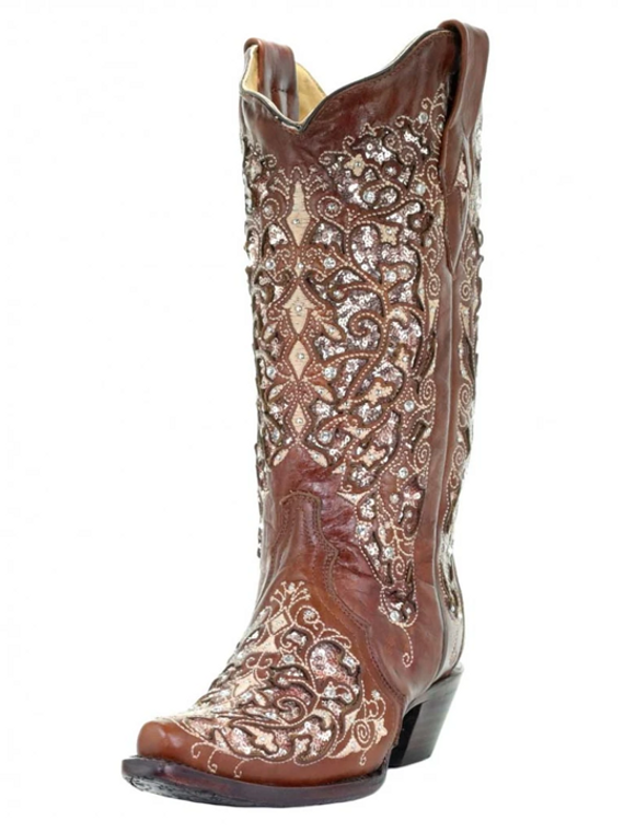 Corral Ladies Floral Embroidery Studs Cowgirl Boot Brown  - A3671