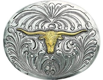 Bar V Western Mens Belt Buckle Drover Trophy Longhorn Silver- 380-020