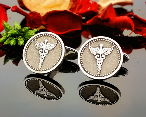 Caduceus Negative Cufflinks, with dotted border (optional) Matt Silver