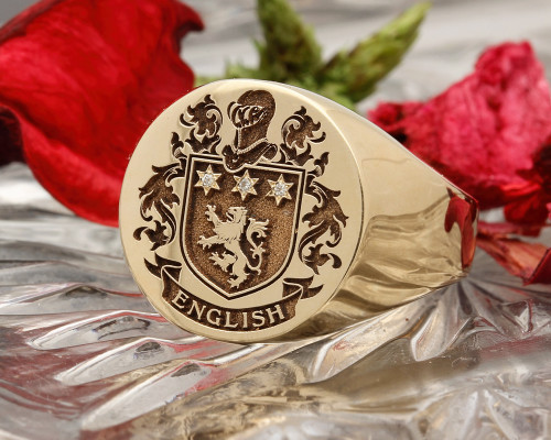English Family Crest Engraved Signet Ring in Silver or Gold, choice of mantles, helmets and styles