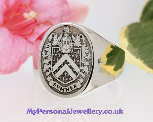 Sumner Family Crest Engraved Signet Ring in Silver or Gold, choice of mantles, helmets and styles