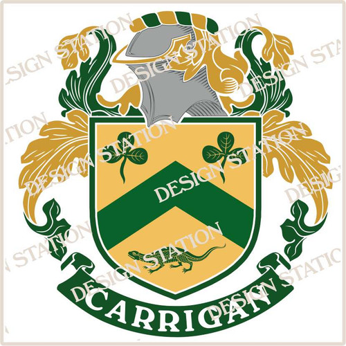 Carrigan Irish Family Crest, pdf vector download, file in full colour and black and white.