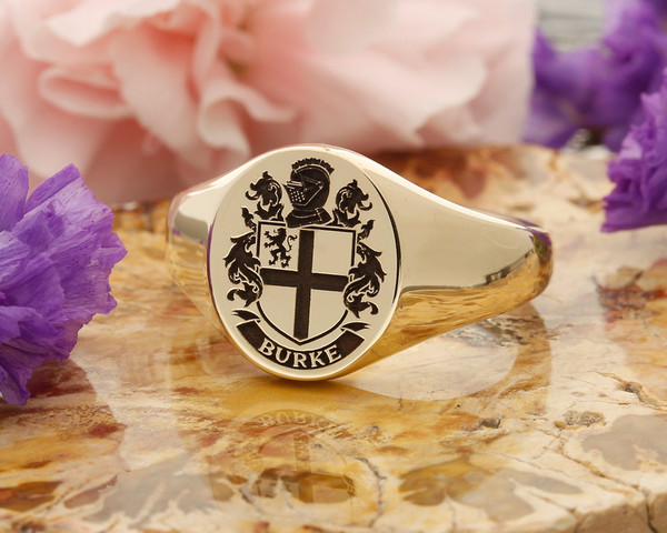 Burke Family Crest Signet Ring available in Silver or Gold - choice of design styles
