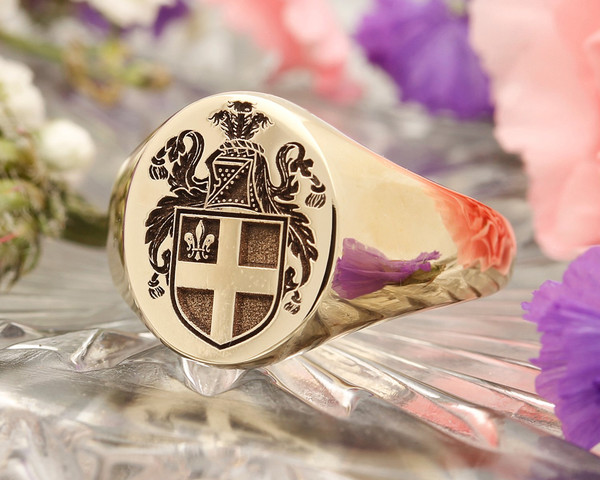 Eccleston Family Crest Engraved Signet Ring in Silver or Gold, choice of mantles, helmets and styles