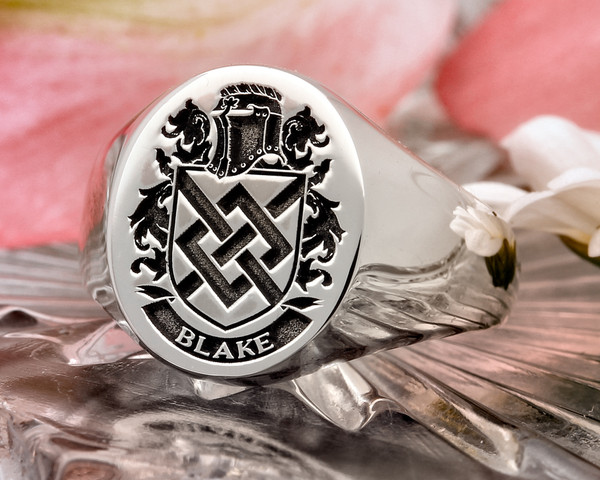 Blake Family Crest Engraved Signet Ring in Silver or Gold, choice of mantles, helmets and styles