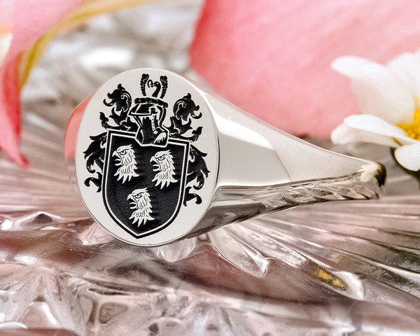 Davey Family Crest Engraved Signet Ring in Silver or Gold, choice of mantles, helmets and styles