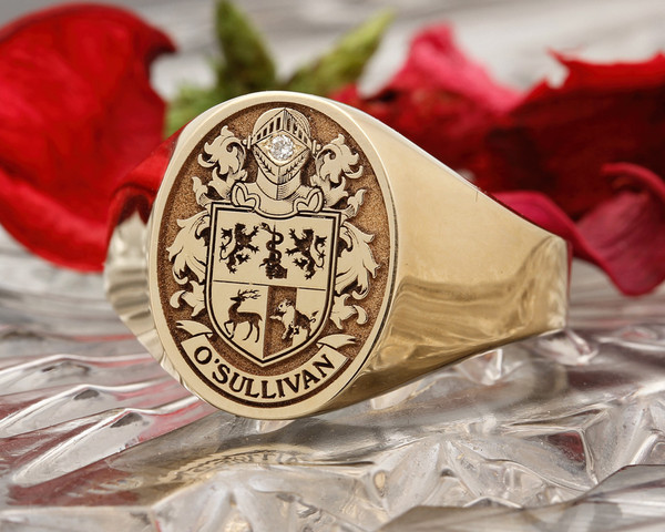 O'Sullivan / Sullivan Family Crest Engraved Signet Ring in Silver or Gold, choice of mantles, helmets and styles