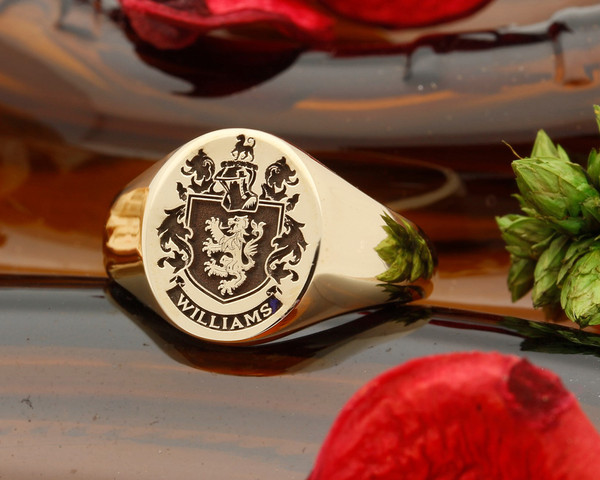 Williams Family Crest Engraved Signet Ring in Silver or Gold, choice of mantles, helmets and styles