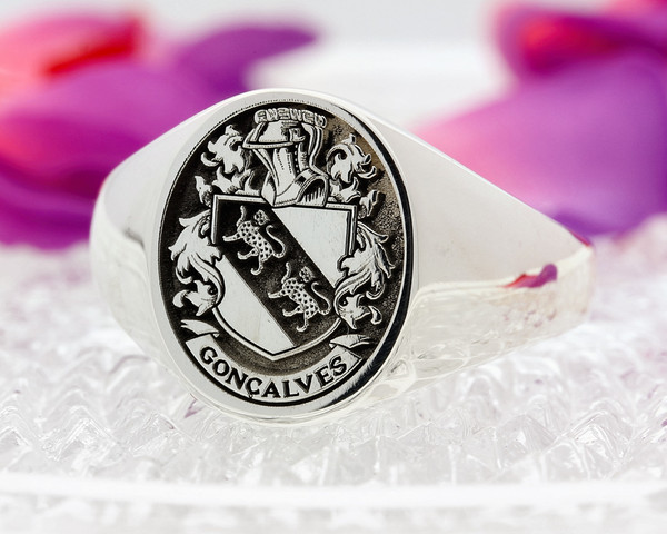 Goncalves Family Crest Engraved Signet Ring in Silver or Gold, choice of mantles, helmets and styles