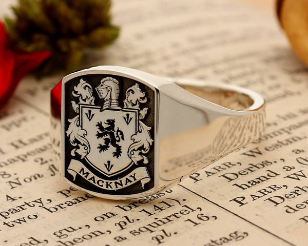 Macknay Family Crest Engraved Signet Ring in Silver or Gold, choice of mantles, helmets and styles
