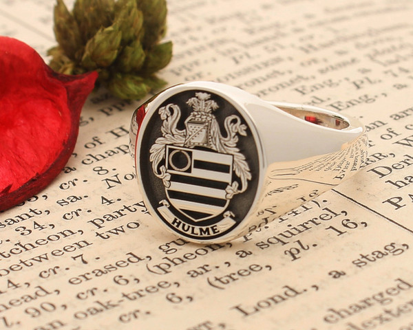 Hulme Family Crest Engraved Signet Ring in Silver or Gold, choice of mantles, helmets and styles