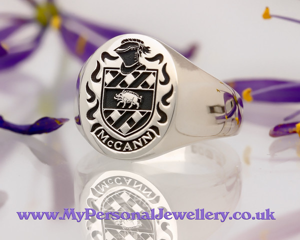 McCann Family Crest Engraved Signet Ring in Silver or Gold, choice of mantles, helmets and styles