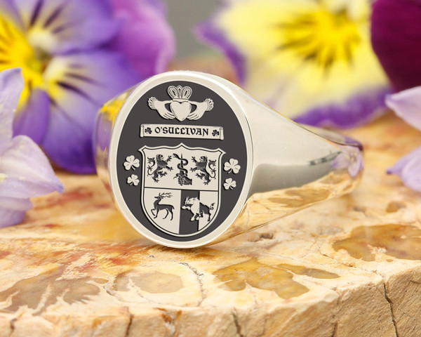 O'Sullivan / Sullivan Irish Claddagh Family Crest Signet Ring made to order