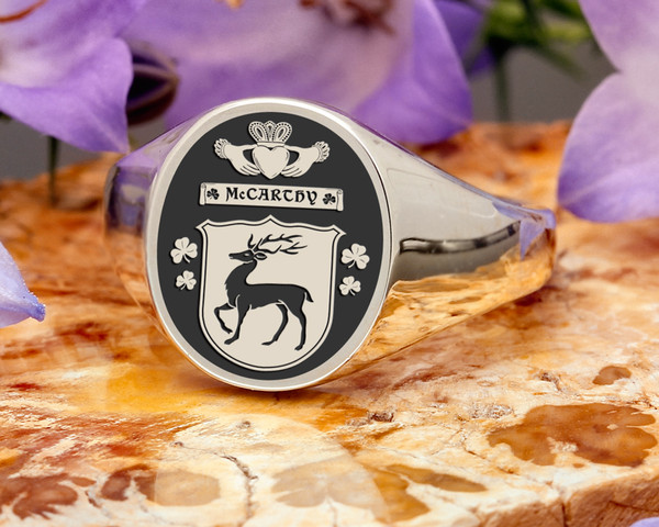 McCarthy Irish Claddagh Family Crest Signet Ring made to order