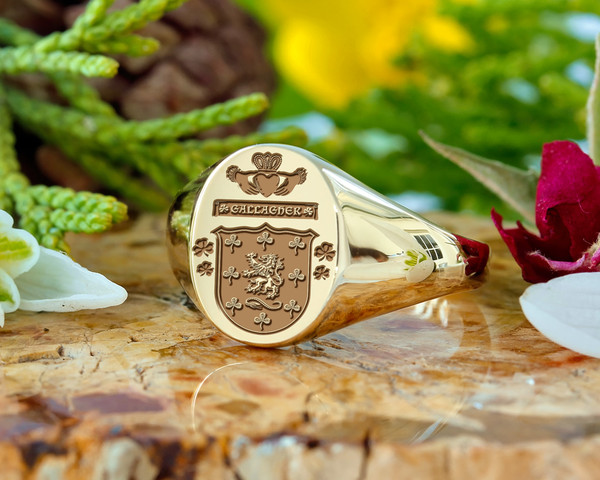 Gallagher 9ct Gold Claddagh Family Crest Signet Ring