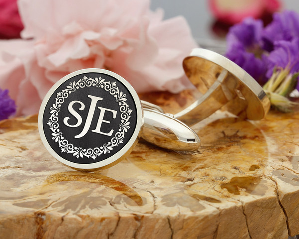 Three Initial Design Cufflinks SJE with border 11 negative