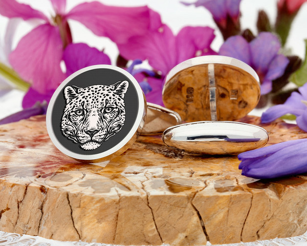Snow Leopard Engraved Silver Cufflinks, personalised