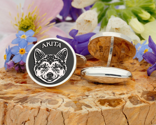 Akita Dog Breed Engraved Cufflinks Sterling Silver