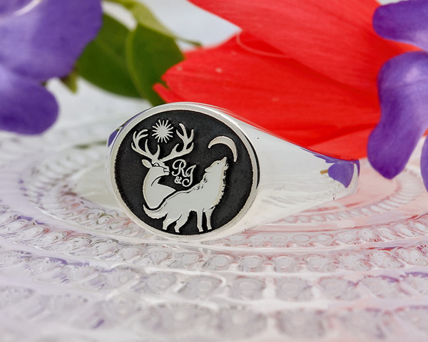 Stag and Wolf bespoke ring with custom monogram, also available without monogram.