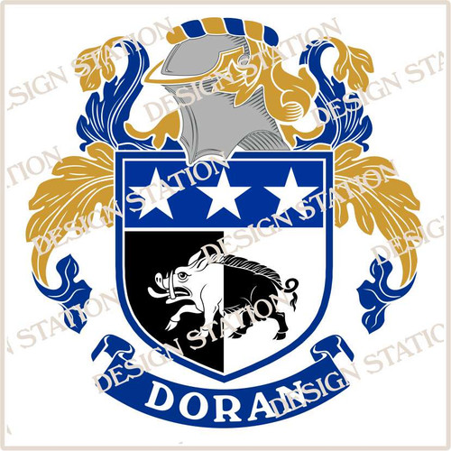 Doran Family Crest Ireland, instant vector pdf download in full colour and black and white, colour change option
