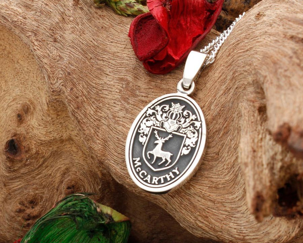 McCarthy Family Crest Engraved Silver Pendant