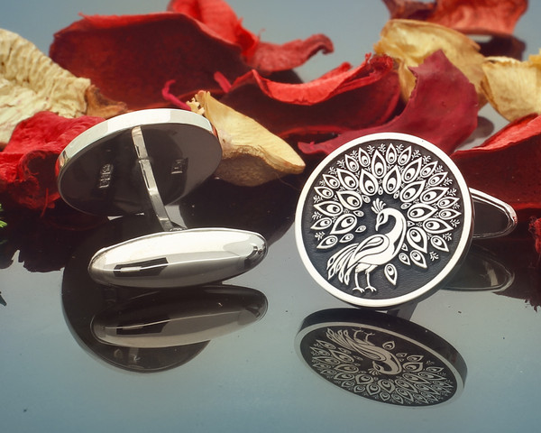 Peacock Engraved Silver Cufflinks also available in 9ct Gold