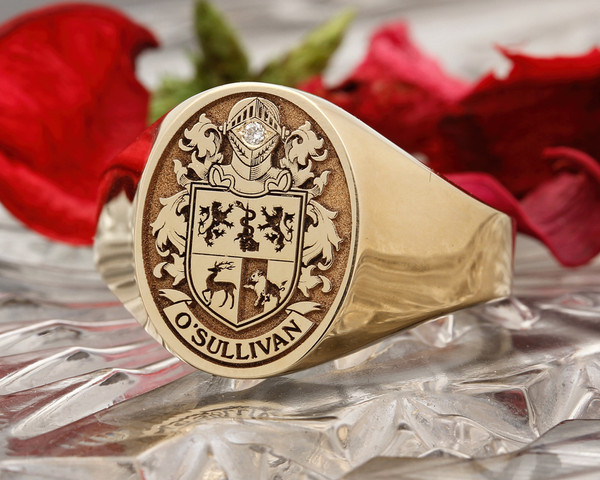 O'Sullivan Family Crest Signet Ring HS5 with Diamond set into the helmet (extra cost)