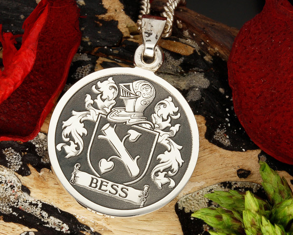 Bess / Besse Family Crest Engraved Silver Pendant