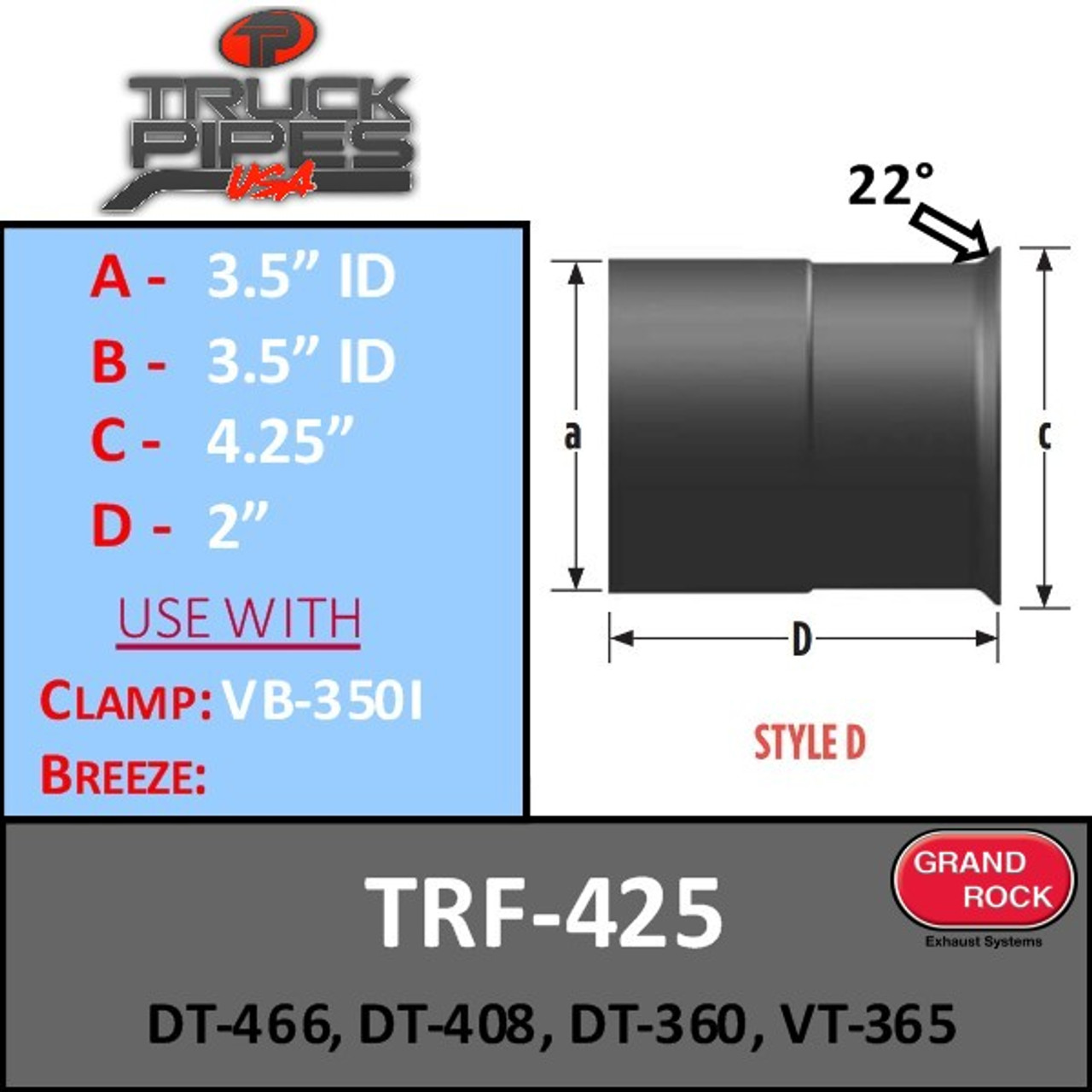 Vlak Factureerbaar aan de andere kant, 4.25" Turbo Flared Lip for DT466/DT408/DT360/VT365 TRF-425