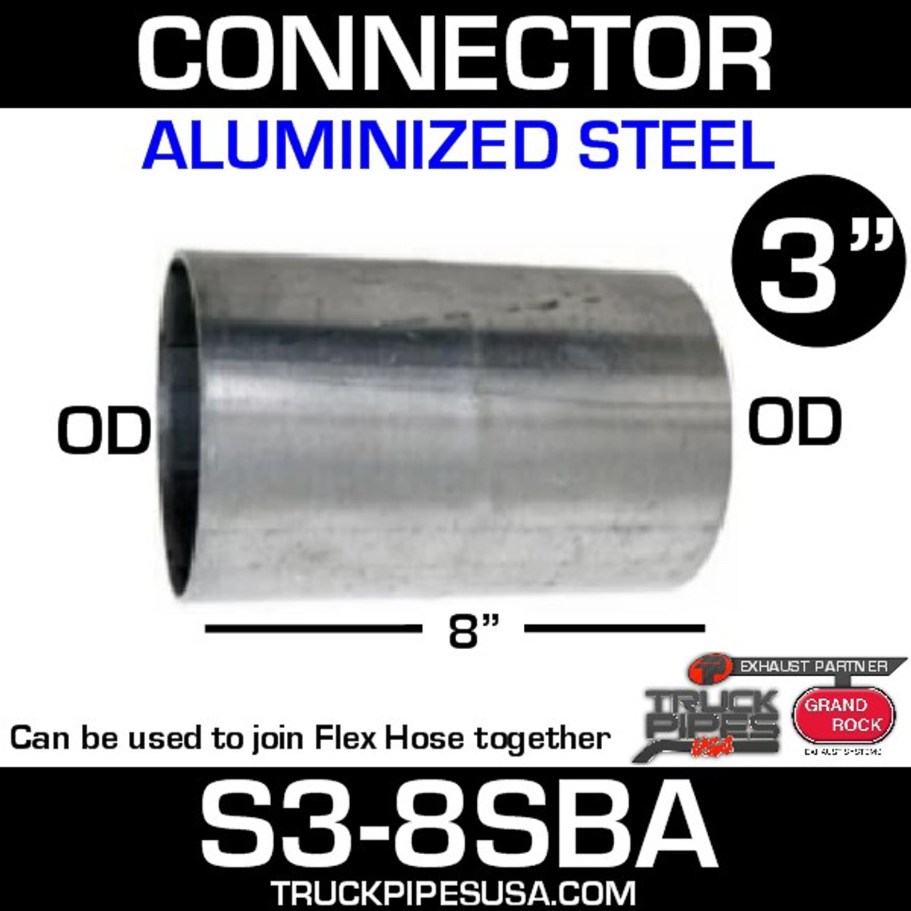 S3-8SBA 3 x 8 Straight Cut Aluminized Exhaust Stack OD