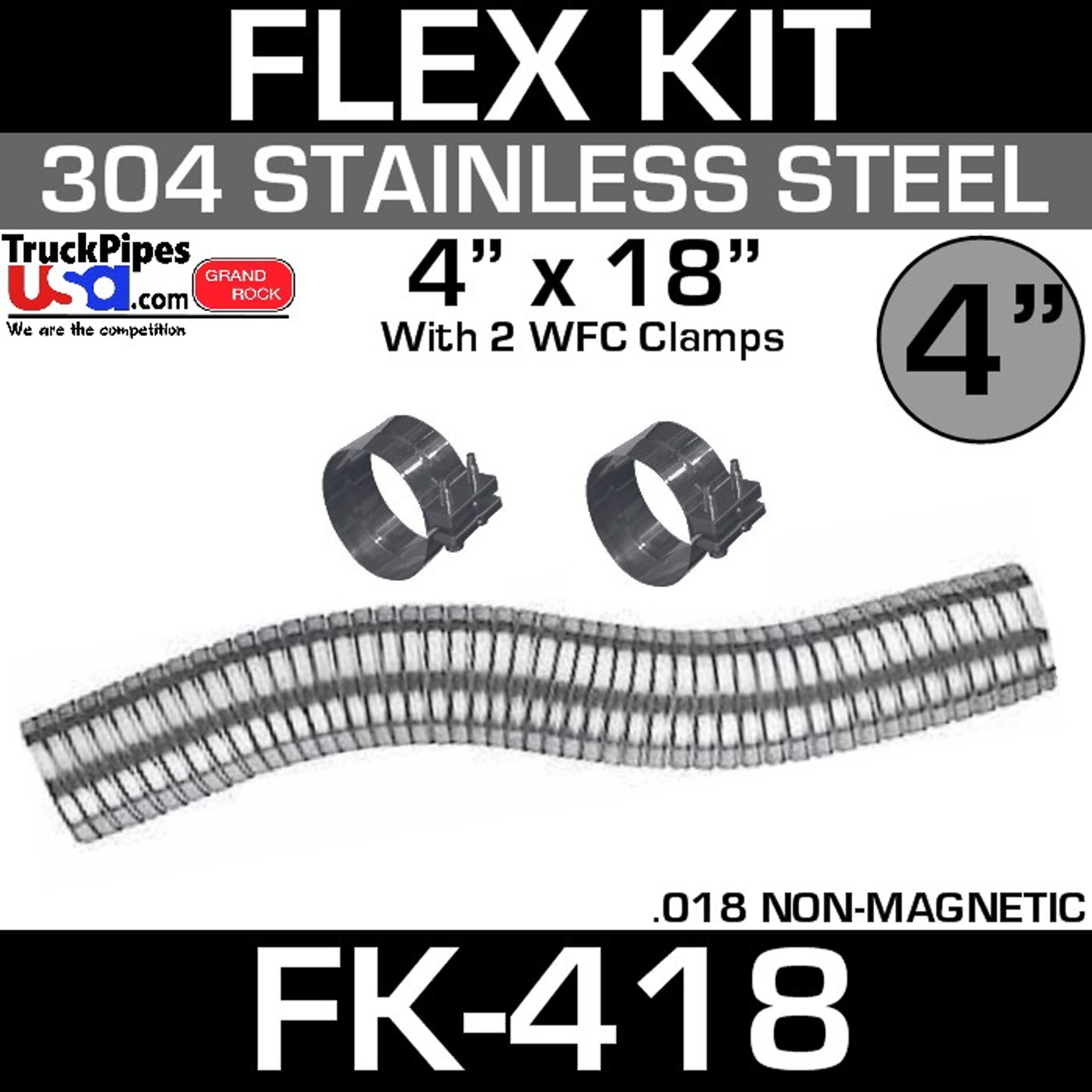 4" x 18" Stainless Steel Flex Pipe Kit 2 Clamps FK418SS