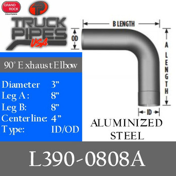 L390-0808A 3" 90 Degree Exhaust Elbow 8" x 8" ID-OD Aluminized
