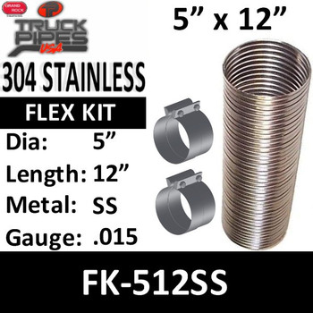 5 ID x 12 Stainless Steel Bellows Flex Exhaust Pipe EB-512SS