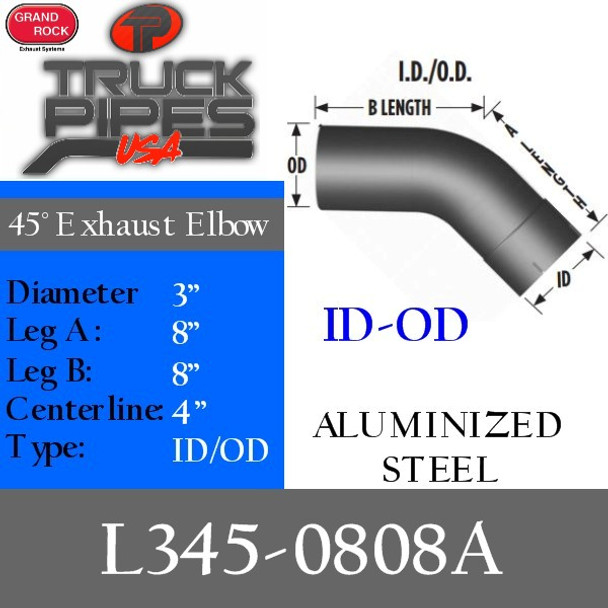 3" 45 Degree Exhaust Elbow 8" x 8" ID-OD Aluminized L345-0808A