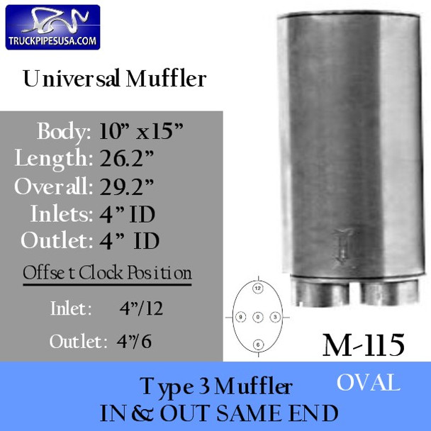 M-115 Type 3 Universal Truck Muffler 10" x 15" x 26" Long 4" IN-OUT